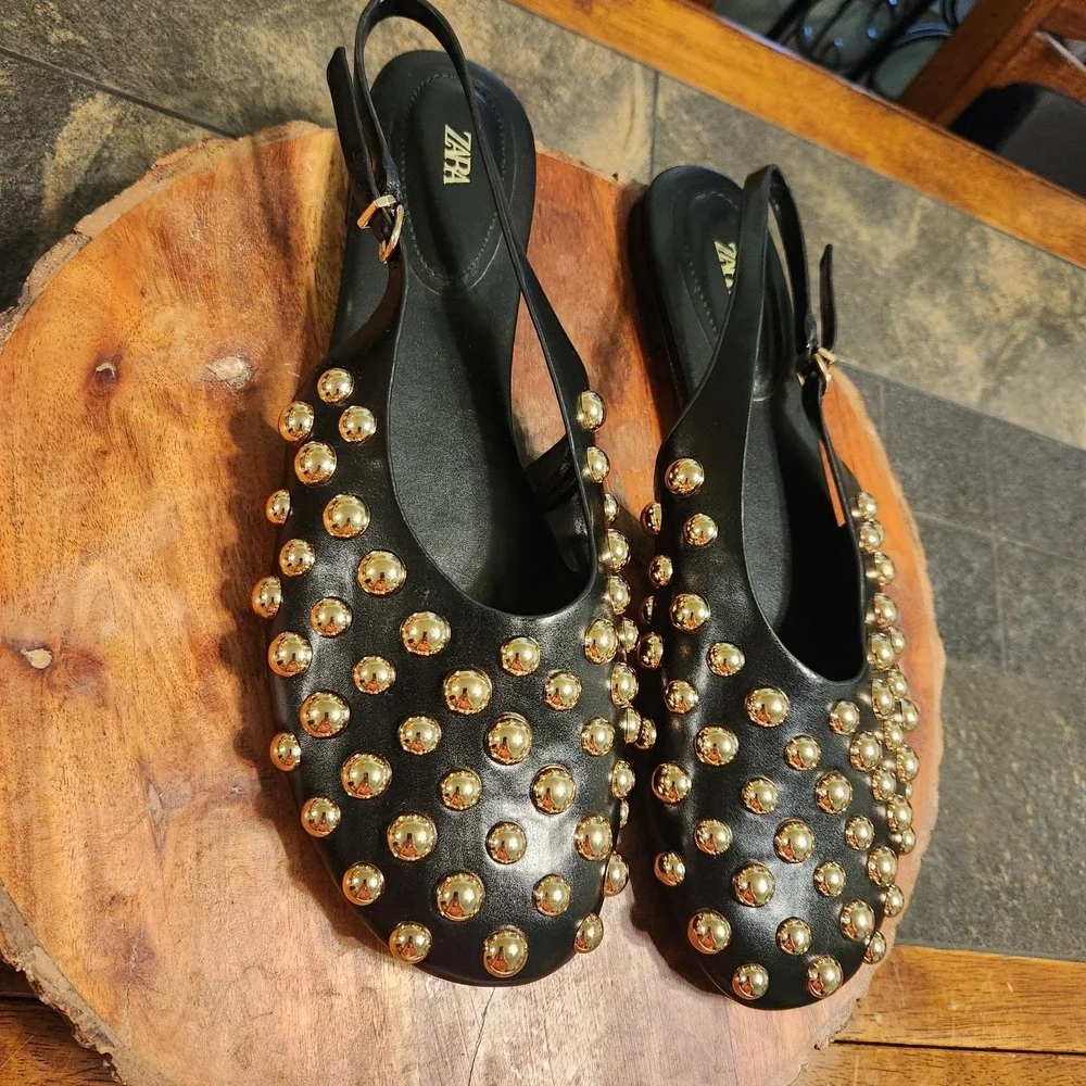 Zara Studded Gold On Black Leather Flat Slingback Sandals Sz 9 Bloggers Fave Pic - Picture 7 of 10